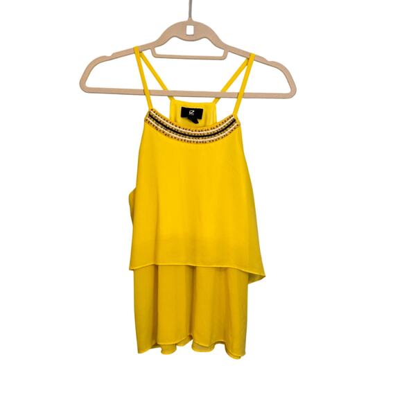 IZ Byer Tank Top XL Yellow Bohemian Chic Beaded Sheer Layered Spaghetti Pullover - Picture 1 of 7